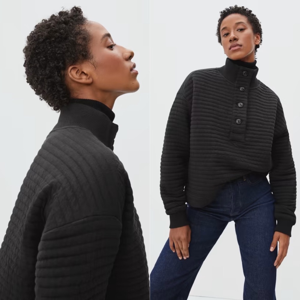 NWT Everlane The Organic Cotton Quilted Mockneck Sweatshirt S Black Pullover